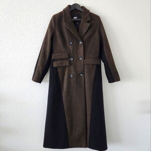 DKNY NWT Wool Blended Double Breasted Long Coat in Brown & Black